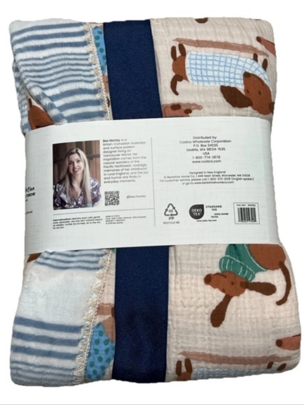Cotton Gauze Throw Blanket - Blue, Cream Dachshund Print - Picture 4 of 7